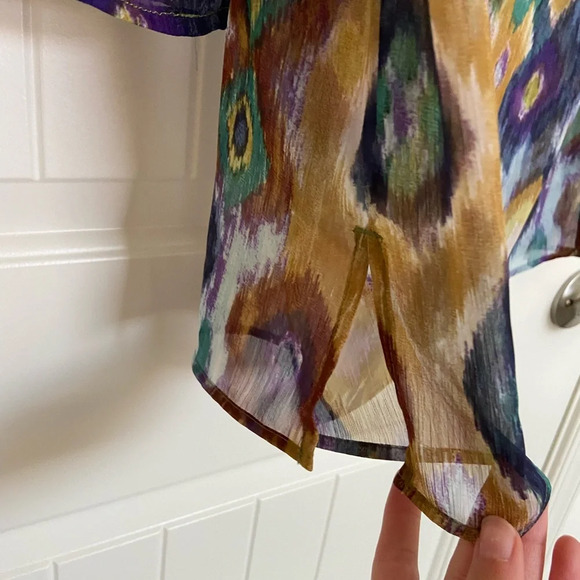 NWT | Chico’s Women’s sheer colorful patterned blouse decorated neckline — small - Picture 6 of 7